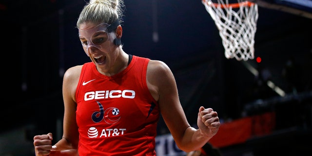 Washington Mystics forward Elena Delle Donne reacts after getting fouled while scoring in the second half of Game 1 of basketball's WNBA Finals against the Connecticut Sun, Sunday, Sept. 29, 2019, in Washington. Delle Donne contributed a team-high 22 points to Washington's 95-86 win. (AP Photo/Patrick Semansky)