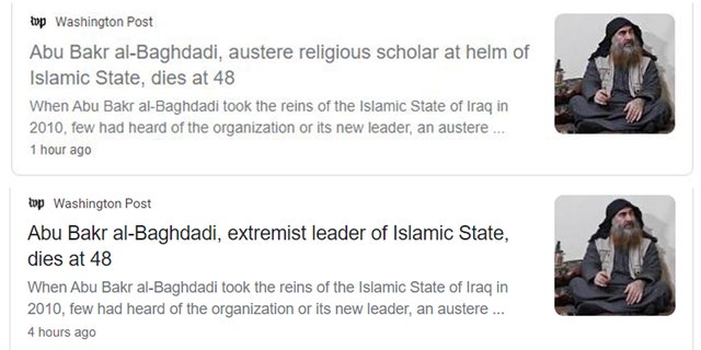 The Washington Post appeared to change the headline for ISIS leader Abu Bakr al-Baghdadi's obituary. The headline changed from calling him the “Islamic State’s ‘terrorist-in-chief'