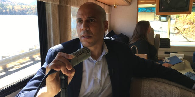 Democratic presidential candidate Sen. Cory Booker of New Jersey speaking with Fox News and NHTalkRadio.com aboard his campaign RV on the road from Peterborough to Keene, N.H., on Monday.