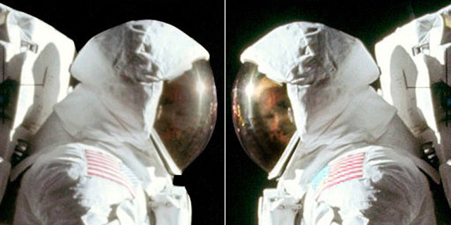 Once the outline of Aldrin's facial features became slightly clearer, Saunders spent hours tweaking the saturation and contrast of tiny areas at a time, to reveal his full expression. It reveals for the first time a clear shot of the astronaut giving a cheeky grin as he turns his head to face the camera - previously obscured by his reflective visor. (Credit: SWNS)