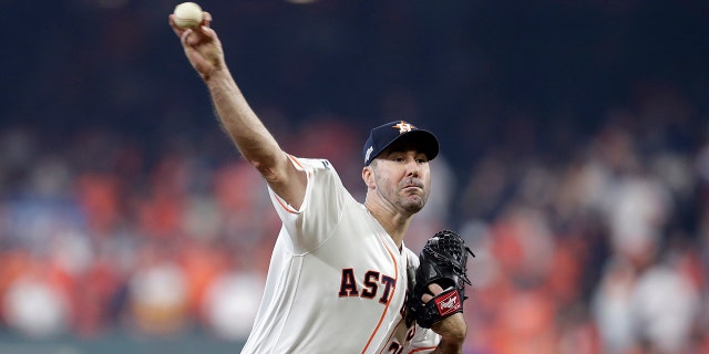 Houston Astros starting pitcher Justin Verlander (35) delivers a pitch against the Tampa Bay Rays in the first inning during Game 1 of a best-of-five American League Division Series baseball game in Houston, Friday, Oct. 4, 2019. (Associated Press)