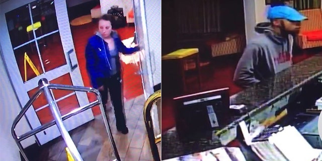 Police released images from surveillance video they say show Baylee Hall, 18, left, and Gary Eubanks, 25, robbing a hotel in Daphne, Ala., on Oct. 21.