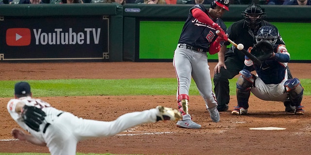 Washington Nationals' Juan Soto hits a home run off Houston Astros starting pitcher Justin Verlander during the fifth inning of Game 6 of the baseball World Series Tuesday, Oct. 29, 2019, in Houston. (Associated Press)