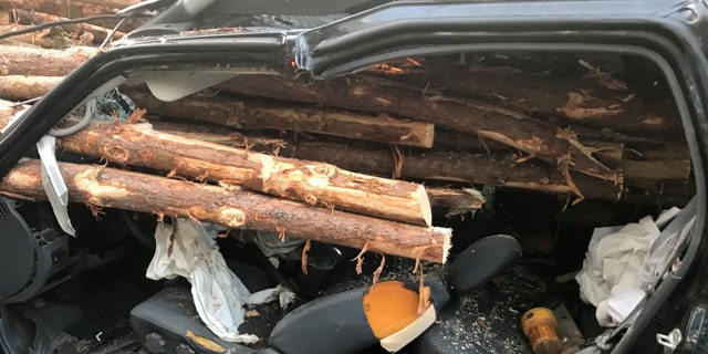 The logs came precariously close to the driver in the SUV.