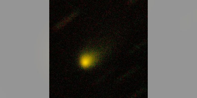 Two-color composite image of comet 2I/Borisov captured by the Gemini North telescope on 10 September 2019. The image was obtained with eight 60-second exposures, four in green and four in red bands. (Credit: Gemini Observatory/NSF/AURA)