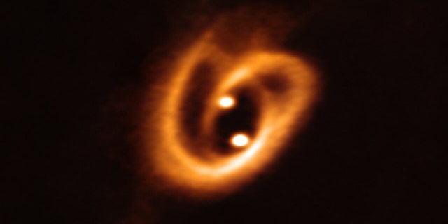 The Atacama Large Millimeter/submillimeter Array (ALMA) captured this unprecedented image of two circumstellar disks, in which baby stars are growing, feeding with material from their surrounding birth disk. The complex network of dust structures distributed in spiral shapes remind of the loops of a pretzel. These observations shed new light on the earliest phases of the lives of stars and help astronomers determine the conditions in which binary stars are born. (Credit: ALMA/ESO/NAOJ/NRAO)