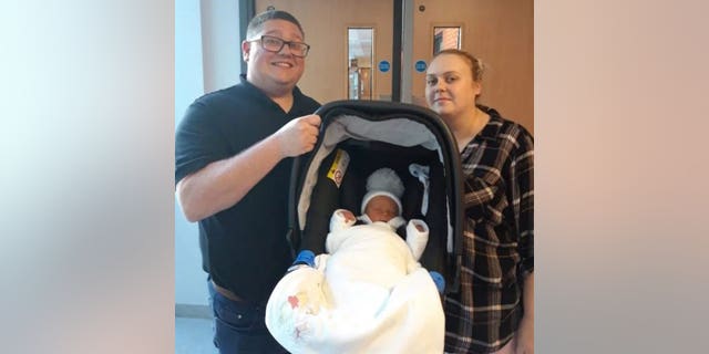 Jodie Marsden, 27 with husband Matt, 34, and baby Arthur.