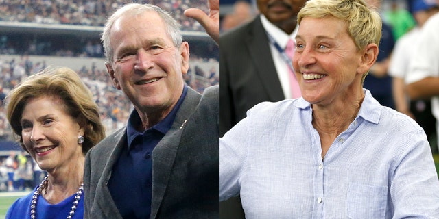 Former President George W. Bush and wife Laura, left, and Ellen DeGeneres, right, attended a Green Bay Packers and Dallas Cowboys in Arlington, Texas, Sunday, Oct. 6, 2019.