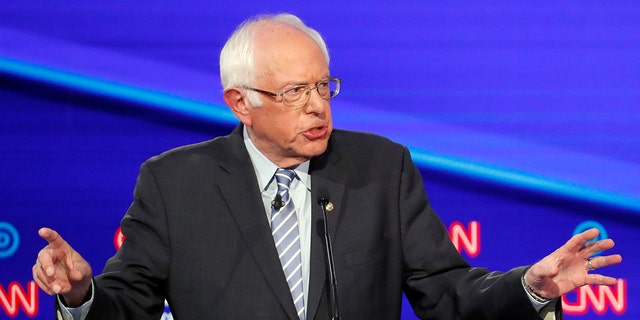 Democratic presidential candidate Sen. Bernie Sanders, I-Vt., speaks during a Democratic presidential primary debate hosted by CNN/New York Times at Otterbein University, Tuesday, Oct. 15, 2019, in Westerville, Ohio. (AP Photo/John Minchillo)