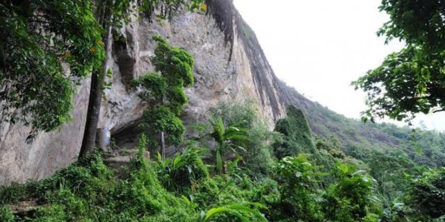 The Fa Hien Cave overlooking the rainforest in Sri Lanka.