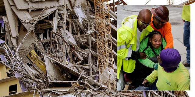 Debris hangs on the side of the building after a large portion of a hotel under construction suddenly collapsed in New Orleans on Saturday, Oct. 12, 2019. Several construction workers had to run to safety as the Hard Rock Hotel, which has been under construction for the last several months, came crashing down. It was not immediately clear what caused the collapse or if anyone was injured. (Scott Threlkeld/The Advocate via AP)