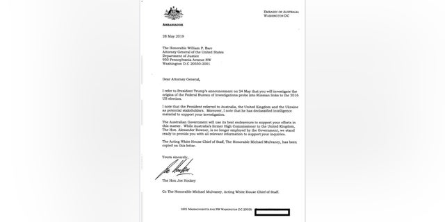 Holder says Barr is 'paying a price' for spearheading Russia probe misconduct investigation 2 May 2019 letter from Australia offering assistance to the Barr probe.