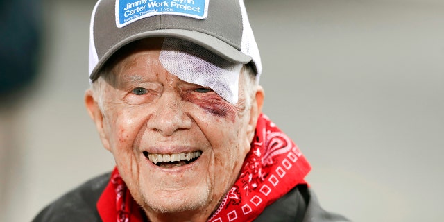 Former President Jimmy Carter answers questions during a news conference at a Habitat for Humanity project Monday, Oct. 7, 2019, in Nashville, Tenn. Carter fell at home on Sunday, requiring over a dozen stitches, but he did not let his injuries keep him from participating in his 36th building project with the nonprofit Christian housing organization. He turned 95 last Tuesday, becoming the first U.S. president to reach that milestone. (AP Photo/Mark Humphrey)