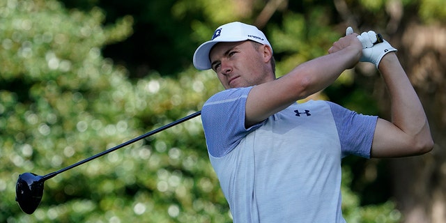 Jordan Spieth of the United States watches his tee shot on the 12th hole during the second round of the Zozo Championship PGA Tour at the Accordia Golf Narashino country club in Inzai, east of Tokyo, Japan, Saturday, Oct. 26, 2019. (AP Photo/Lee Jin-man)