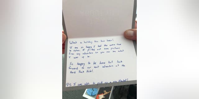 Millie's stuffed animal returned with a note describing his 