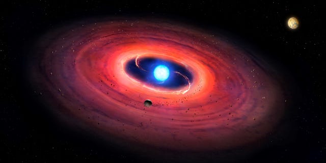 An artist’s rendering shows a white dwarf star with a planet in the upper right.