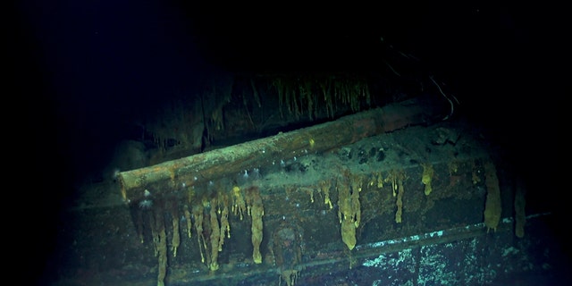 In this Oct. 7, 2019 image taken from underwater video provided by Vulcan Inc., the Japanese aircraft carrier Kaga is shown in the Pacific Ocean off Midway Atoll in the Northwestern Hawaiian Islands. Deep-sea explorers scouring the world's oceans for sunken World War II ships are honing in on a debris field deep in the Pacific. (Vulcan Inc. via AP)
