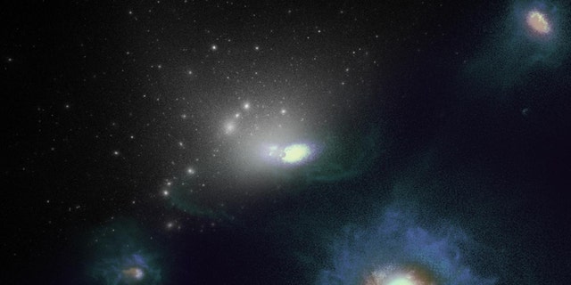 Visualization of the simulations used in the study. Top left shows dark matter in white. Bottom right shows a simulated Large Magellanic Cloud-like galaxy with stars and gas, and several smaller companion galaxies. (Credit: Ethan Jahn, UC Riverside.)