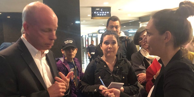 The group eventually went inside NBC’s headquarters and chanted in the lobby as UltraViolet co-founder Shaunna Thomas provided a building staffer with a petition.