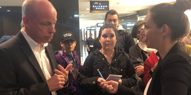 The group eventually went inside NBC’s headquarters and chanted in the lobby as UltraViolet co-founder Shaunna Thomas provided a building staffer with a petition.