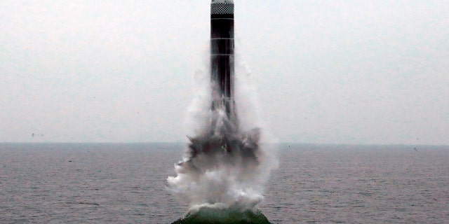An image provided by a North Korean news agency shows an underwater-launched ballistic missile. Officials said the missile traveled twice as high as the orbit of the international space station. (Korean Central News Agency/Korea News Service via AP)