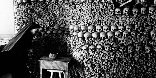 A chapel constructed of bones from humans who perished from the plague in the Middle Ages.