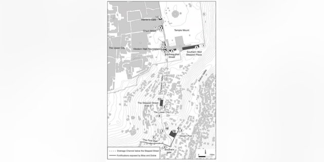 This is a location map, marking excavation sites. CREDIT (drawing: D. Levi, IAA; printed by permission of the Survey of Israel).