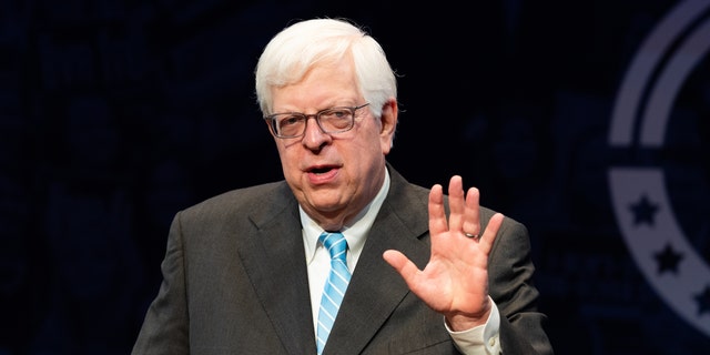 In this image, Dennis Prager, nationally syndicated conservative radio talk show host and writer, is shown speaking at the Turning Point High School Leadership Summit in Washington, D.C., in July 2018. (Photo by Michael Brochstein/SOPA Images/LightRocket via Getty Images)