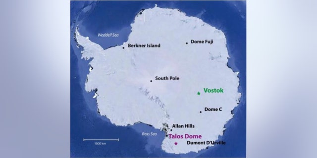 1 / 1Vostok and Talos Dome are both shown on this map of Antarctica. Vostok is still releasing anthropogenic chlorine-36 into the atmosphere. (Credit: AGU)