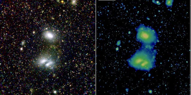 These two eROSITA images show the two interacting galaxy clusters A3391, to the top of the image, and the double-peaked cluster A3395, to the bottom, highlighting eROSITA’s superb view of the distant Universe.