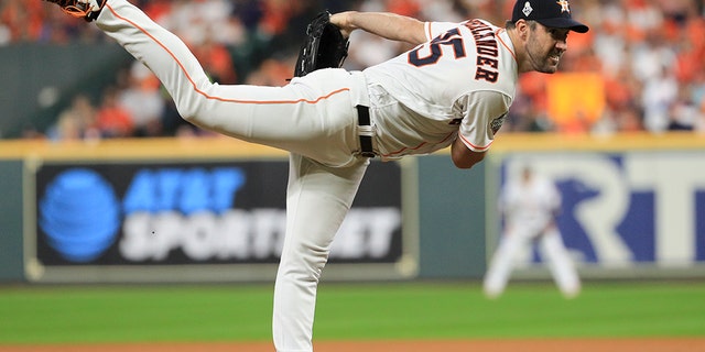 Houston Astros starting pitcher Justin Verlander throws against the Washington Nationals during the first inning of Game 6 of the baseball World Series Tuesday, Oct. 29, 2019, in Houston. (Associated Press)