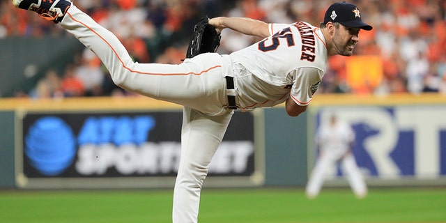 Houston Astros starting pitcher Justin Verlander throws against the Washington Nationals during the first inning of Game 6 of the baseball World Series Tuesday, Oct. 29, 2019, in Houston. (Associated Press)