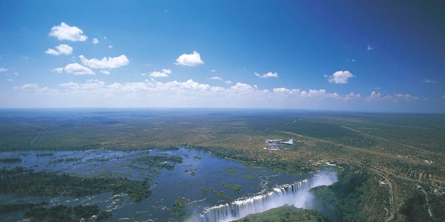 Aerial view of the Victoria Falls (UNESCO World Heritage List, 1989) on the Zambezi River, Zimbabwe.