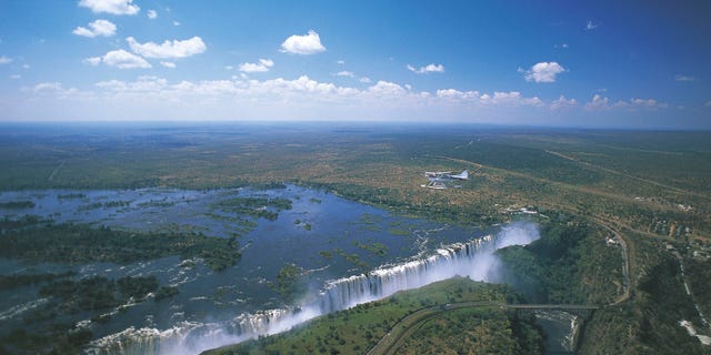 Air type of Victoria Falls (UNESCO World Heritage List, 1989) on the Zambezi River, Zimbabwe The river, which is the fourth largest in Africa, borders several countries - including Botswana.
