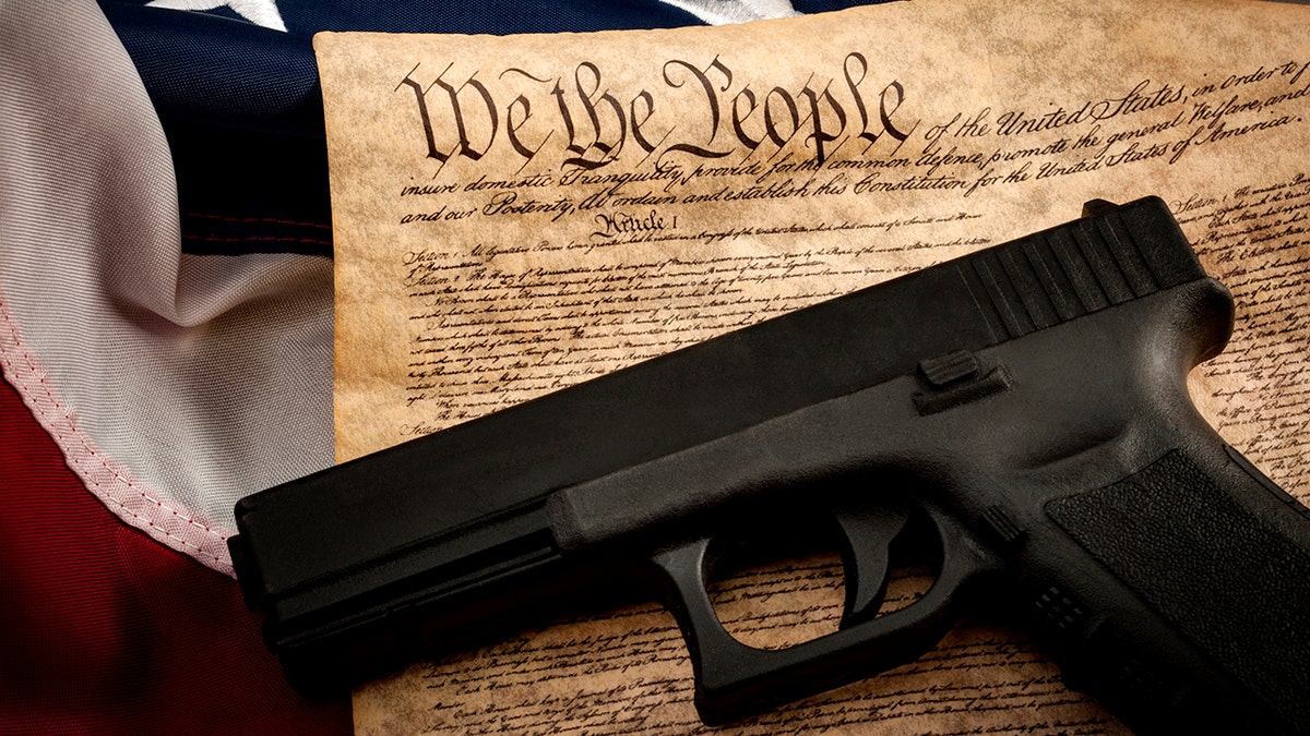 Photo of Constitution and flag with handgun
