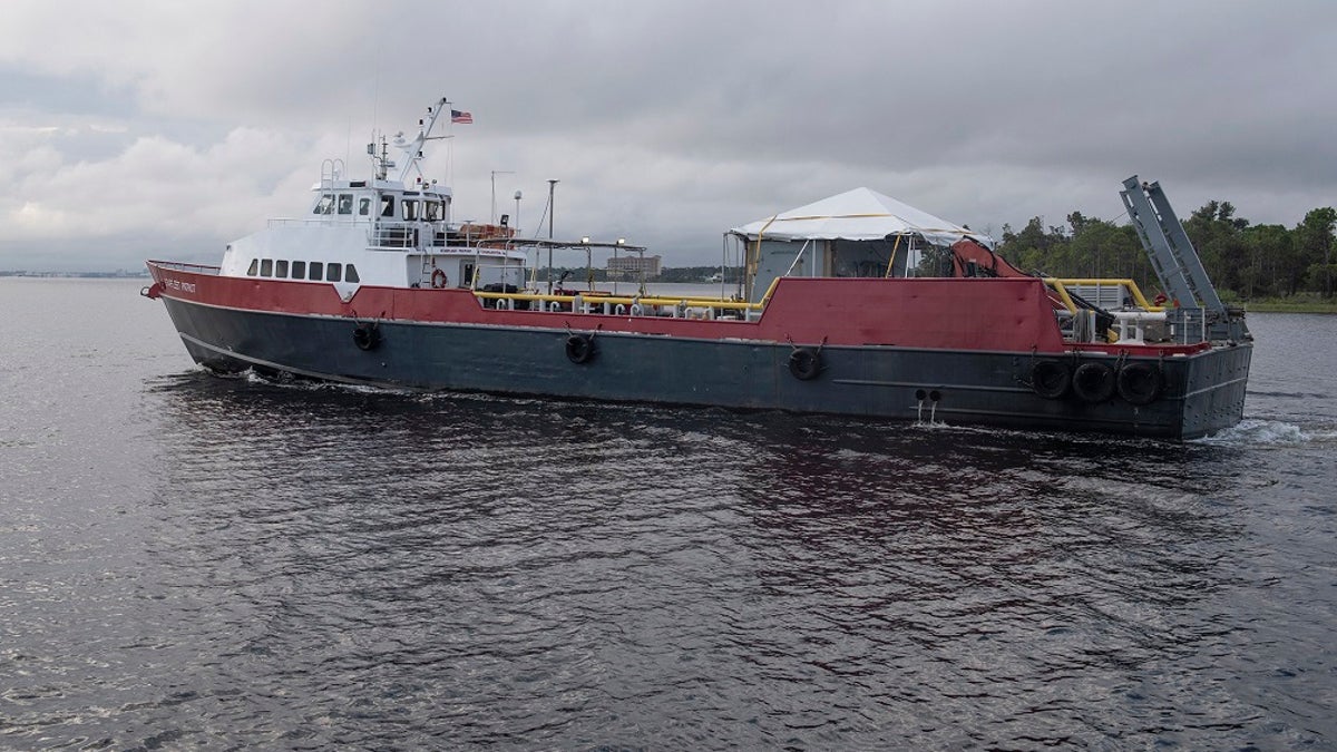 The R/V Patriot launched Friday in support of continuous 24-hour operations to recover U.S. Air Force Staff Sgt. Cole Condiff, who made an “unplanned plane departure” from a C-130 over the Gulf of Mexico. (Photo by Ron Newsome)