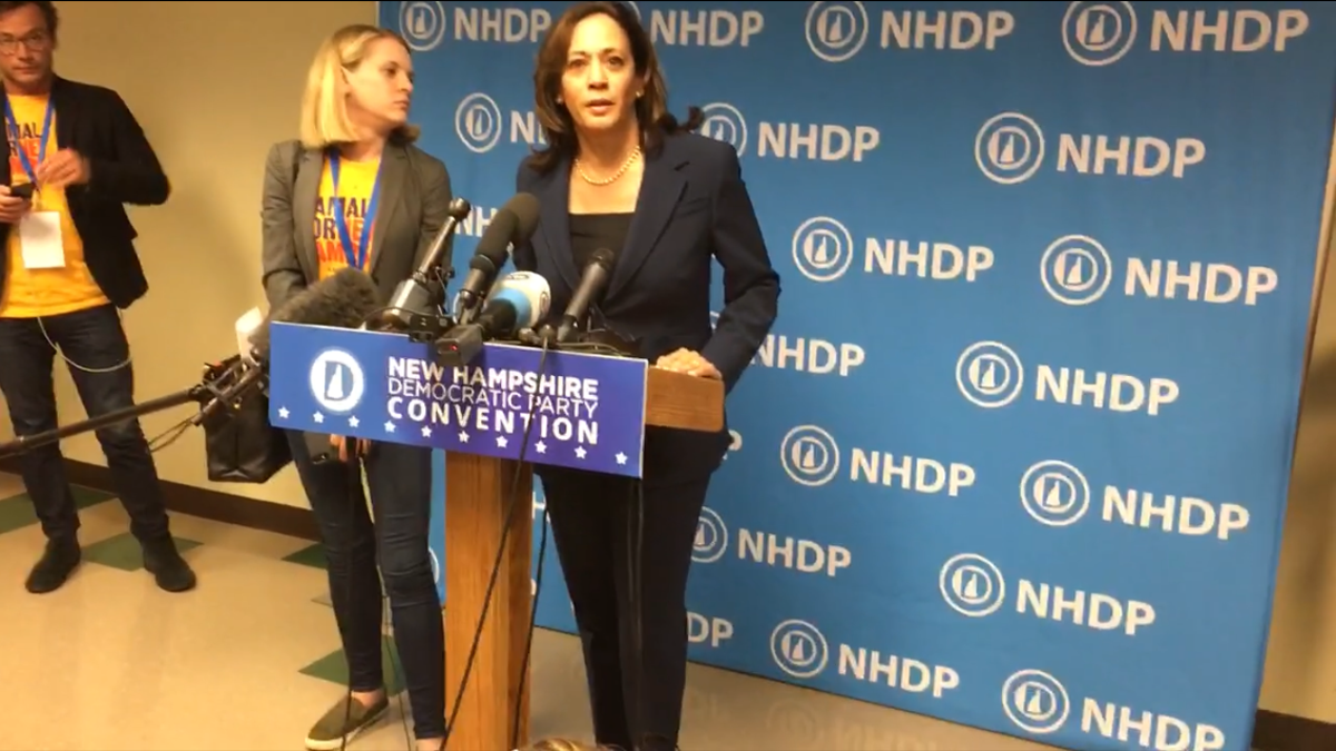 Democratic presidential candidate Sen. Kamala Harris of California, at the New Hampshire Democratic Party convention, in Manchester, N.H. on Sept. 7