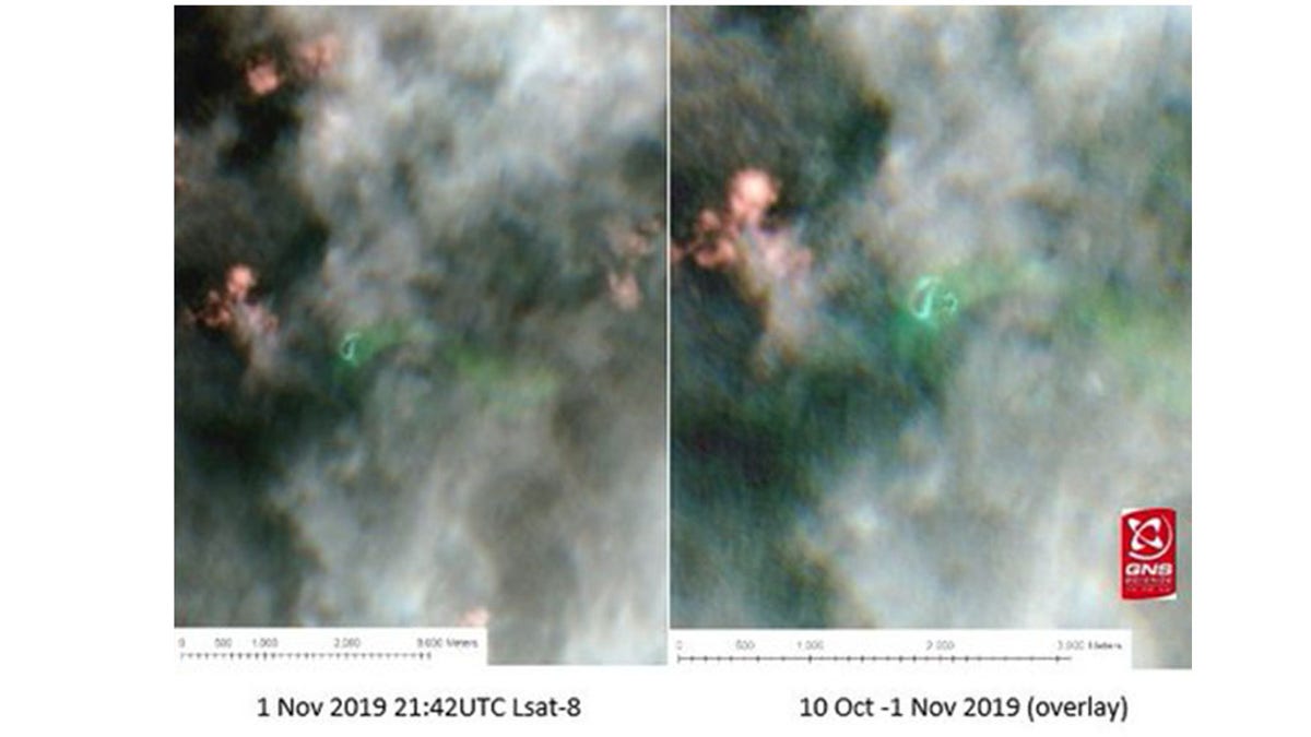 An overlay of satellite images of the area. The image on the right shows the relative positions, in green, of the new, larger island and its smaller, now submerged, successor.
