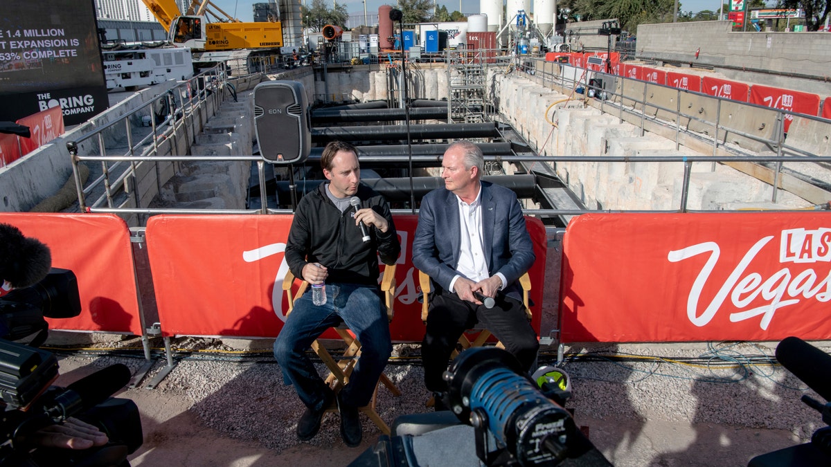 The Boring Company President Steve Davis, left, and LVCVA CEO Steve Hill respond at a Q&amp;A session as The Boring Company and Las Vegas Convention and Visitors Authority prepare for the start of tunneling for The Boring Company’s people mover at the Las Vegas Convention Center on Friday, Nov. 15, 2019.