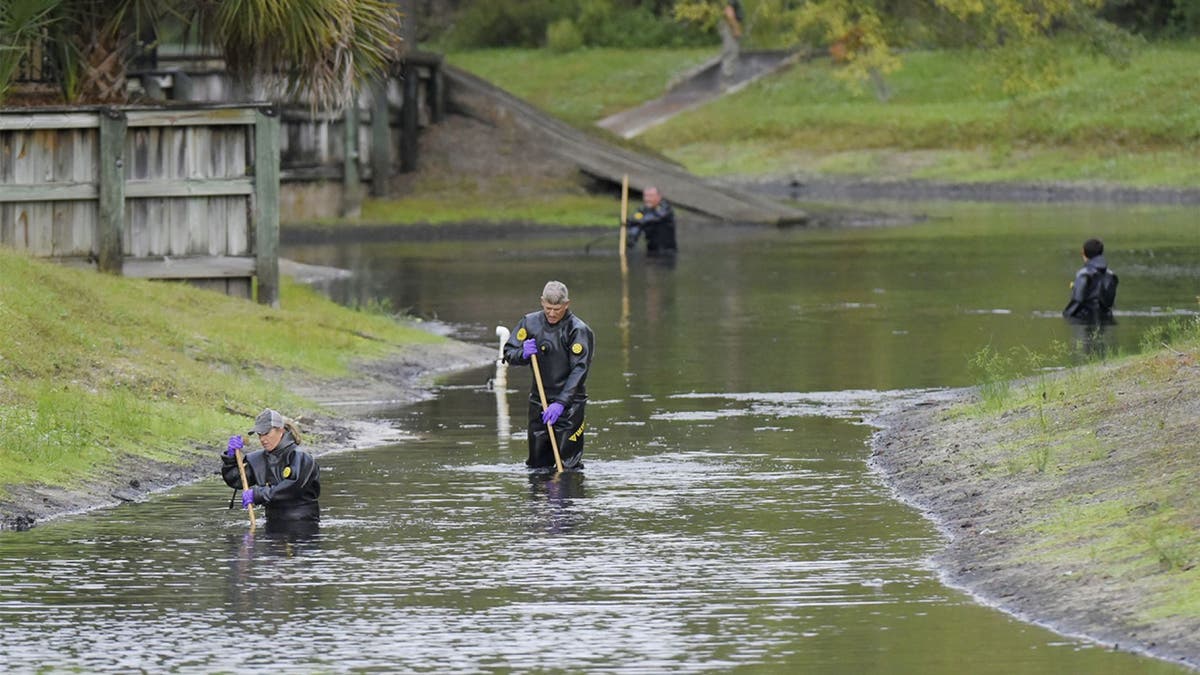 Law enforcement investigators search the small retention pond near the entrance of the Southside Villas apartment complex in Jacksonville on Nov. 6 for Taylor Williams.