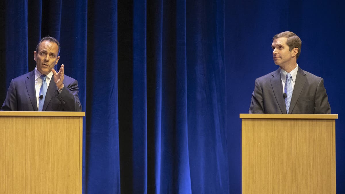 Earlier this month, Republican Gov. Matt Bevin, left, and Democratic Attorney General Andy Beshear participate in a debate on the University of Kentucky campus in Lexington, Ky. (Ryan C. Hermens/Lexington Herald-Leader via AP, Pool, File)