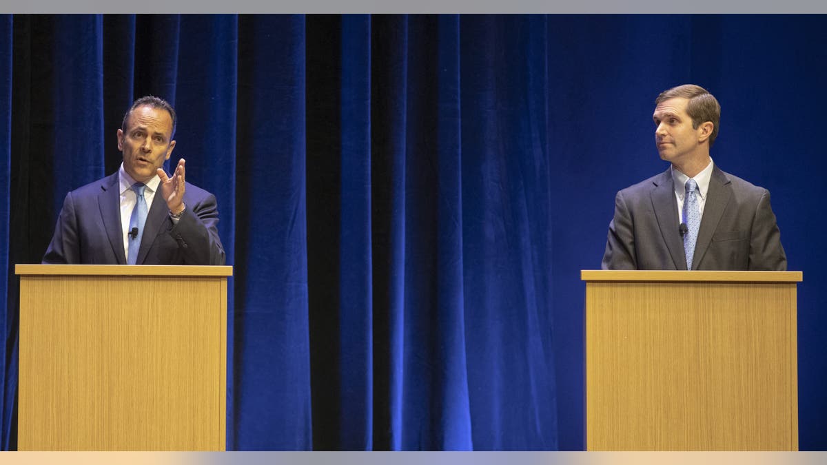 Earlier this month, Republican Gov. Matt Bevin, left, and Democratic Attorney General Andy Beshear participate in a debate on the University of Kentucky campus in Lexington, Ky. (Ryan C. Hermens/Lexington Herald-Leader via AP, Pool, File)