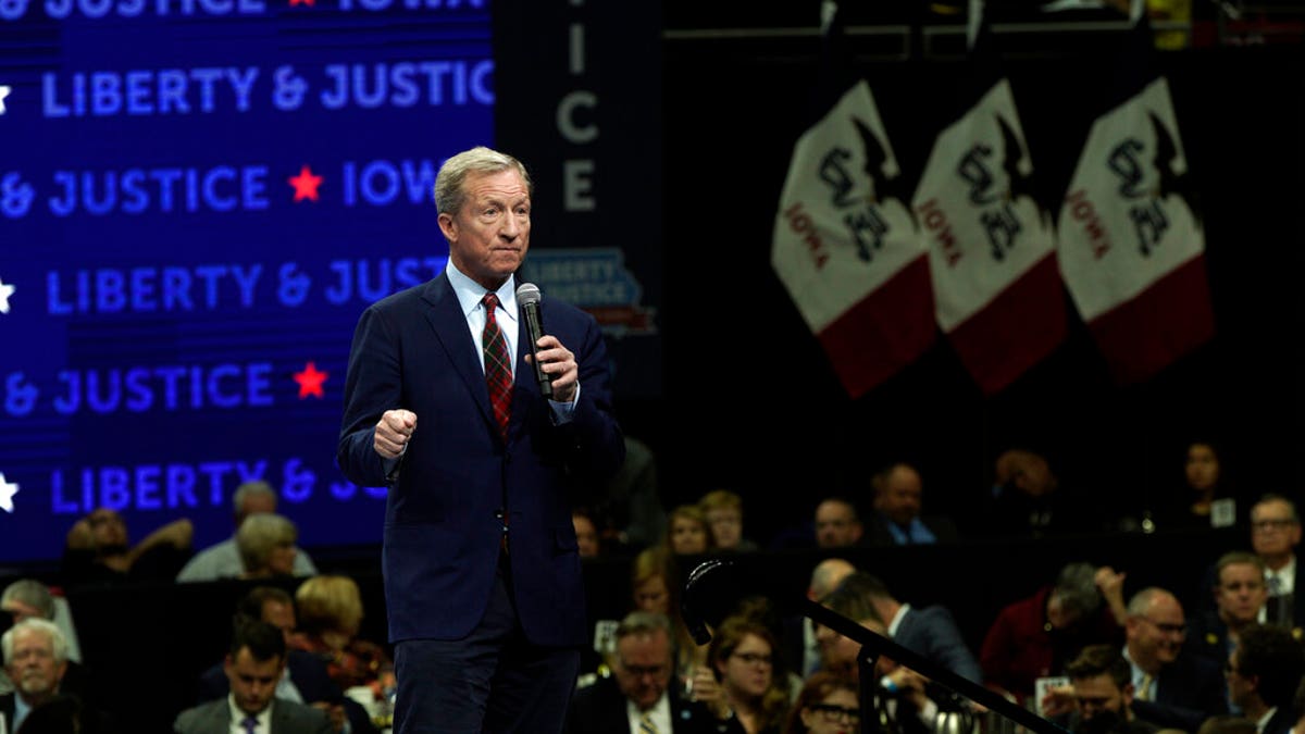 Democratic presidential candidate businessman Tom Steyer speaks during the Iowa Democratic Party's Liberty and Justice Celebration, Friday, Nov. 1, 2019, in Des Moines, Iowa. (AP Photo/Nati Harnik)