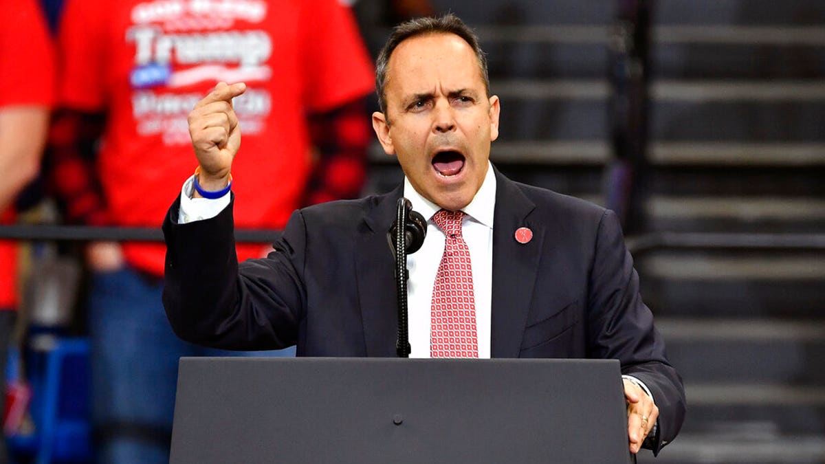 Kentucky Gov. Matt Bevin addressing the audience before President Trump's appearance at the rally in Lexington, Ky., on Monday. (AP Photo/Timothy D. Easley)