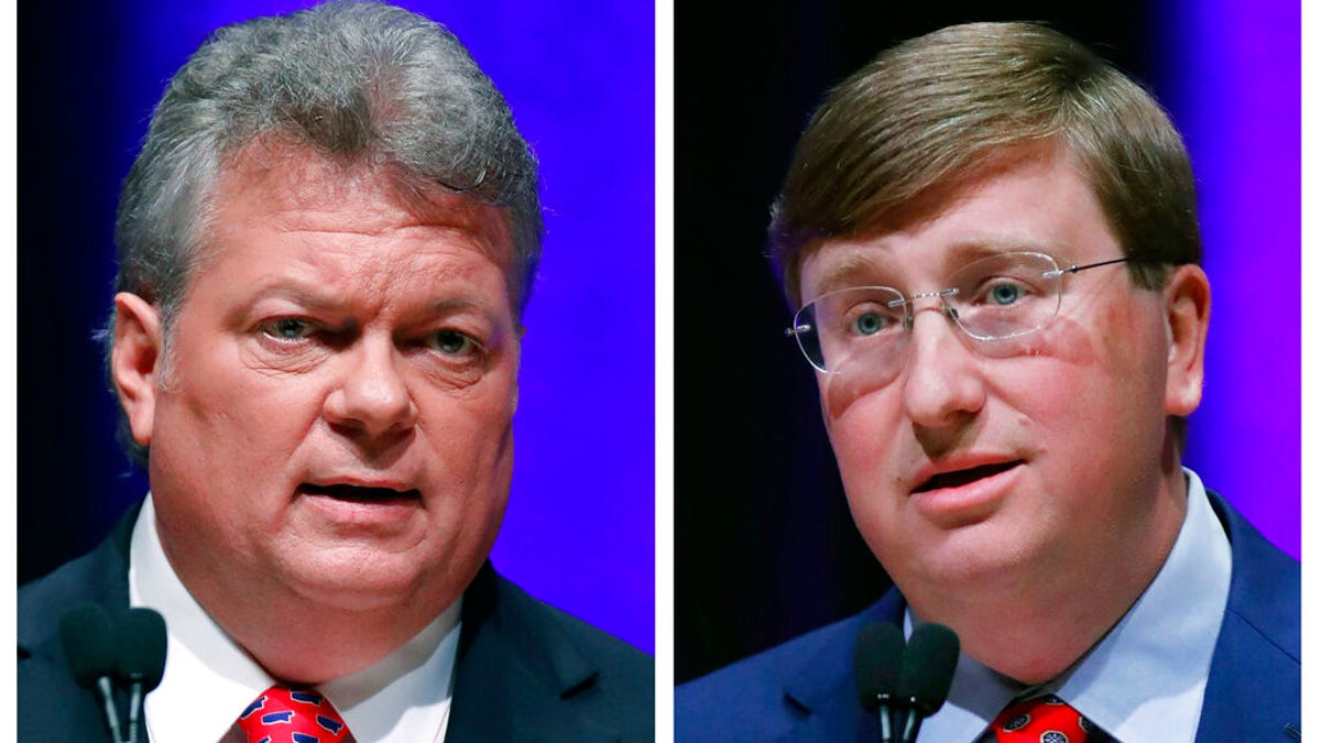 This combination image of Oct. 10, 2019, file photos shows Democratic State Attorney General Jim Hood, left, and Republican Lt. Gov. Tate Reeves during the first televised gubernatorial debate at the University of Southern Mississippi in Hattiesburg, Miss. (AP Photo/Rogelio V. Solis, File)