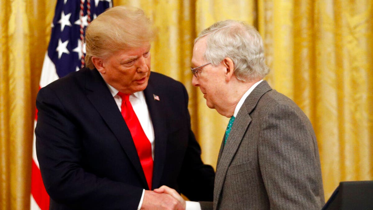 President Donald Trump shakes hands with Senate Majority Leader Mitch McConnell of Ky., in the East Room of the White House during an event about Trump's judicial appointments, Wednesday, Nov. 6, 2019, in Washington. (AP Photo/Patrick Semansky)