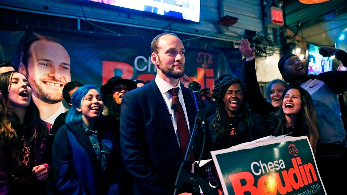FILE: San Francisco District Attorney candidate Chesa Boudin pauses during his speech at an election night event at SOMA StrEat Food Park in San Francisco. 