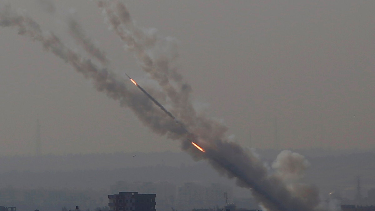 Rockets are launched from Gaza Strip to Israel, Tuesday, Nov. 12, 2019. (AP Photo/Hatem Moussa)