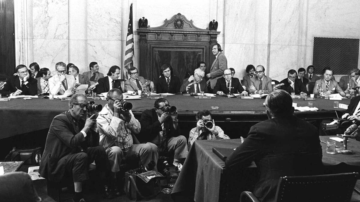 FILE - In this Aug. 3, 1973, file photo, the Senate Watergate Committee hearings continue on Capitol Hill in Washington. (AP Photo/File)