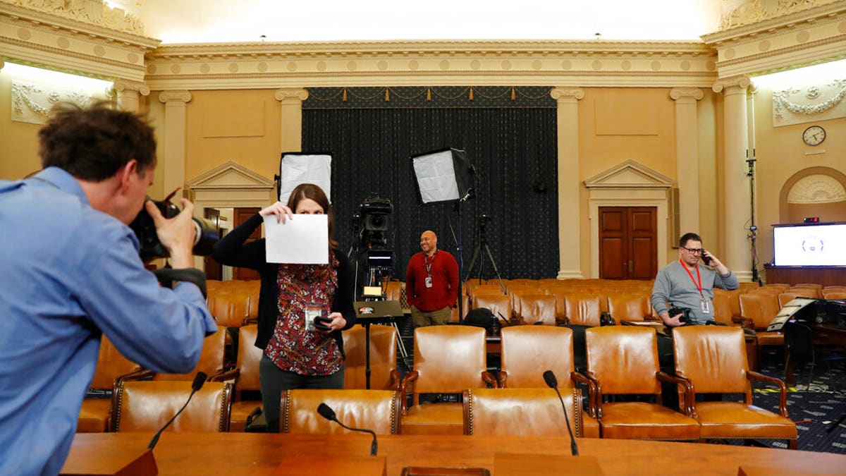 The hearing room where the House is to begin public impeachment inquiry hearings Wednesday, on Capitol Hill. (AP Photo/Jacquelyn Martin)
